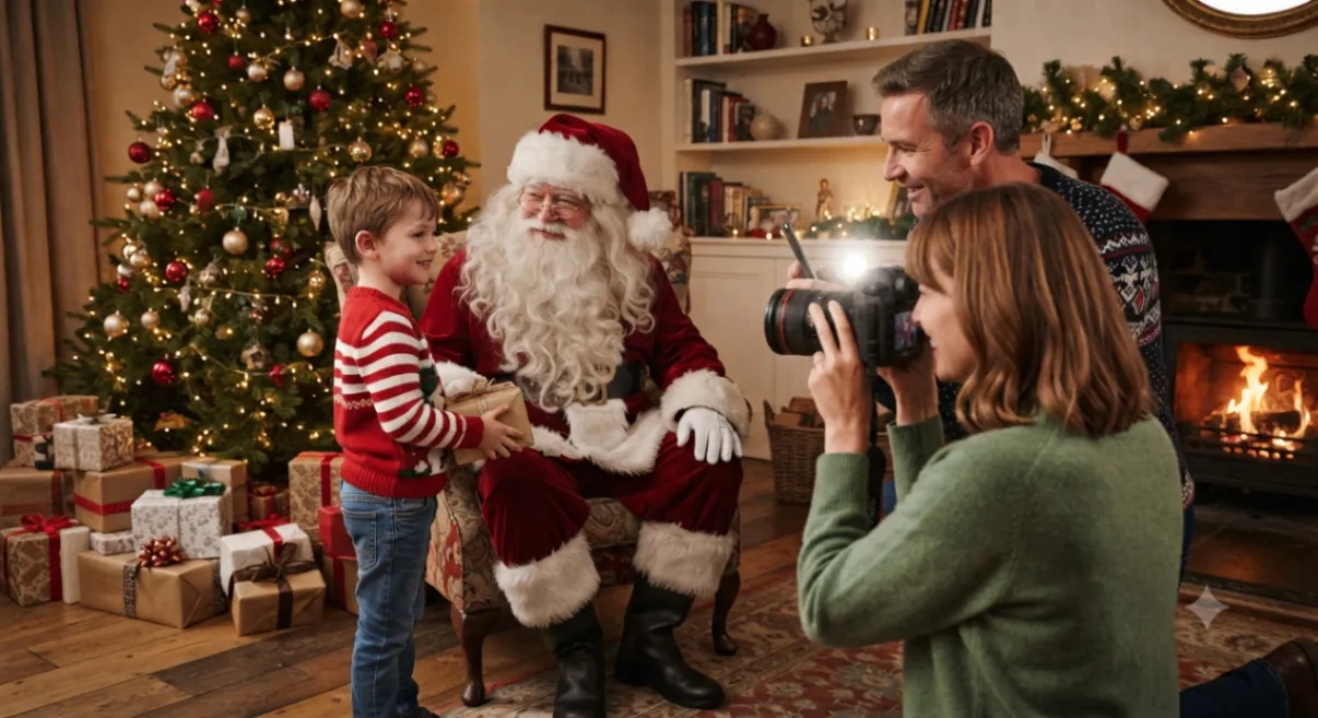 A family taking a photo of a child visiting Father Christmas beside a decorated Christmas tree