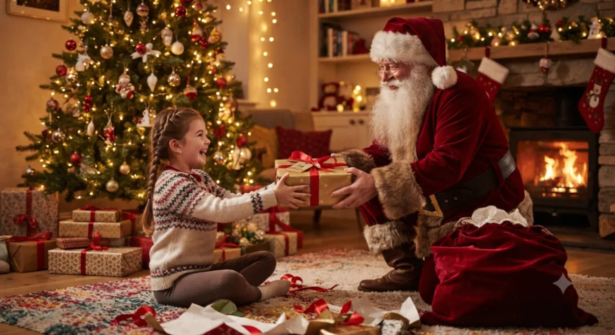Father Christmas sharing a wrapped present with a smiling child beside a lit Christmas tree